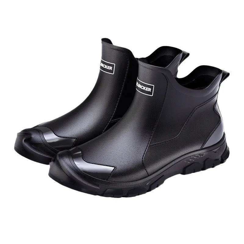 Pair of solid colour PVC rain boots with flat heel and round head, size 36-48, non-slip sole