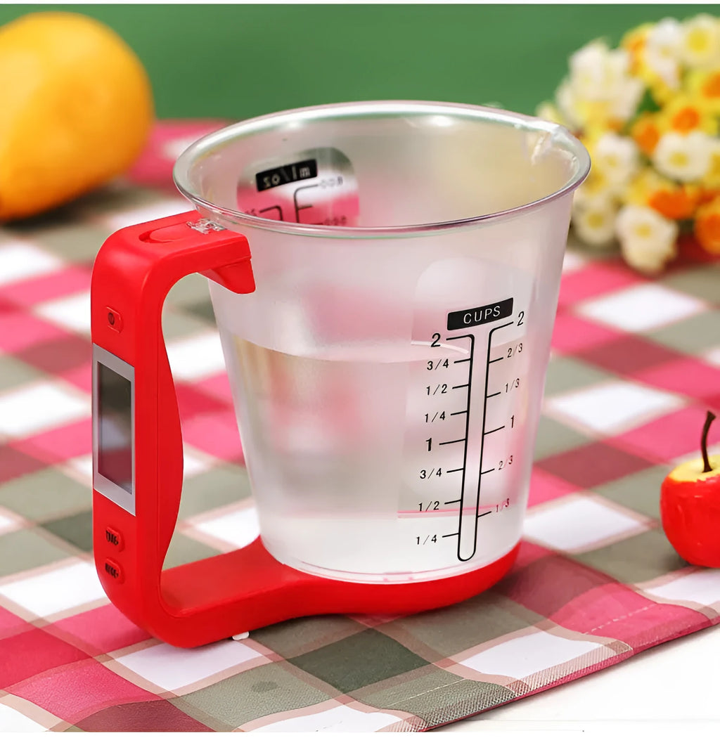 Green digital measuring cup scale with LCD display in handle on white background, 185mm size