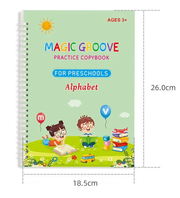 Children's groove magic practice book for English calligraphy with double-sided notched pages and ten pen refills