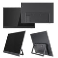 Black 15.6-inch portable external monitor with adjustable stand on a desk.
