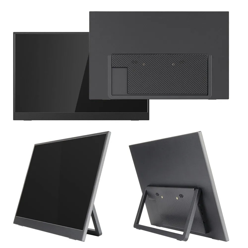 Black 15.6-inch portable external monitor with adjustable stand on a desk.
