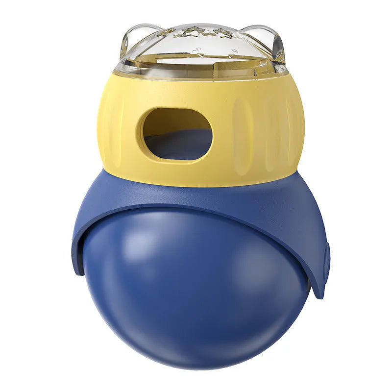 Morandi yellow and blue plastic owl-shaped cat puzzle feeder toy on a floor