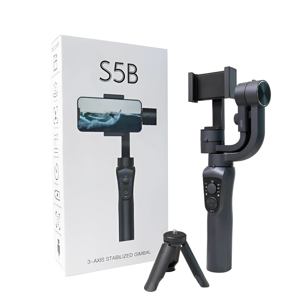 Black three-axis handheld gimbal stabiliser for mobile phones with tripod and hard case.