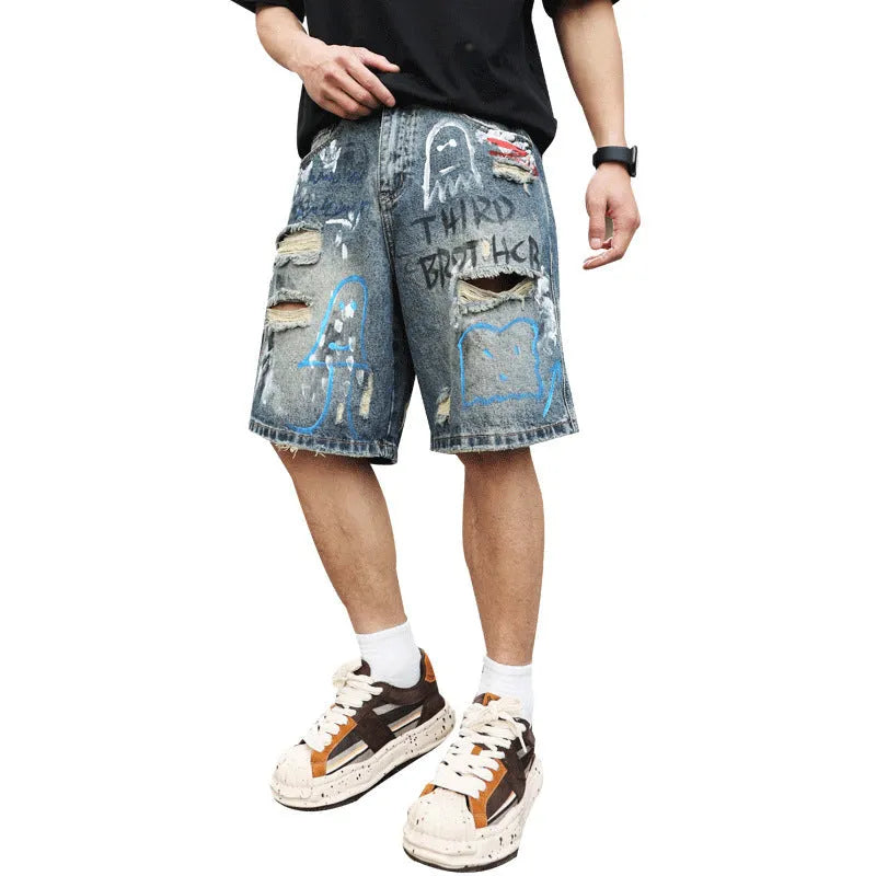 Blue denim shorts for men with ripped detailing and a straight leg cut.