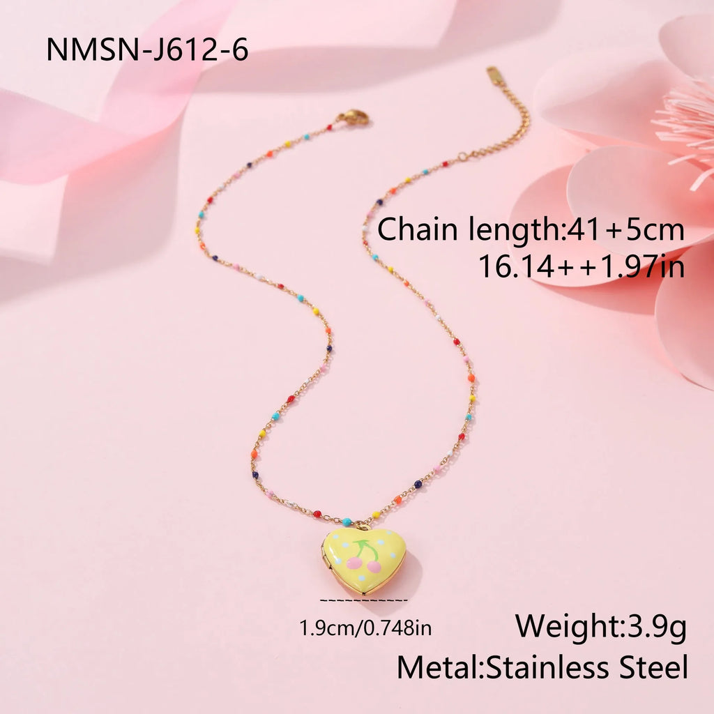Women's gold plated stainless steel heart necklace with fruit pendant designs