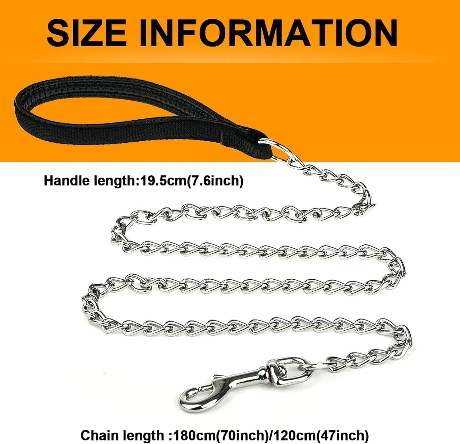 Heavy duty metal dog leash chain with soft black padded handle, shown at full 120cm length.