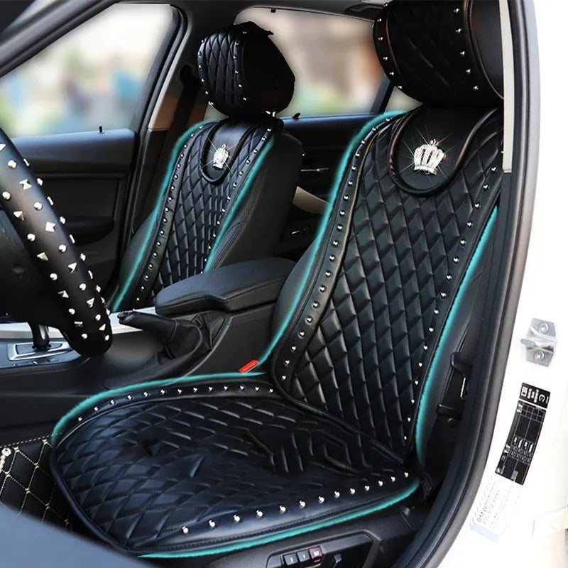 Black diamond leather car seat cushion with crown rivet rhinestone detailing from Ya Yue for five-seater automobiles