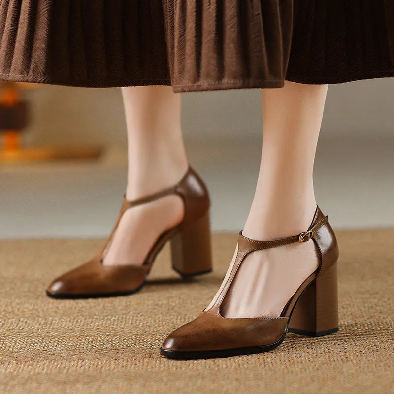 Retro pointed-toe women's Mary Jane shoes in dark brown leather with a buckle and hollow Baotou design.