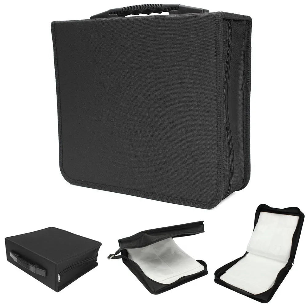 Black Oxford fabric CD storage binder with zipper and top carry strap