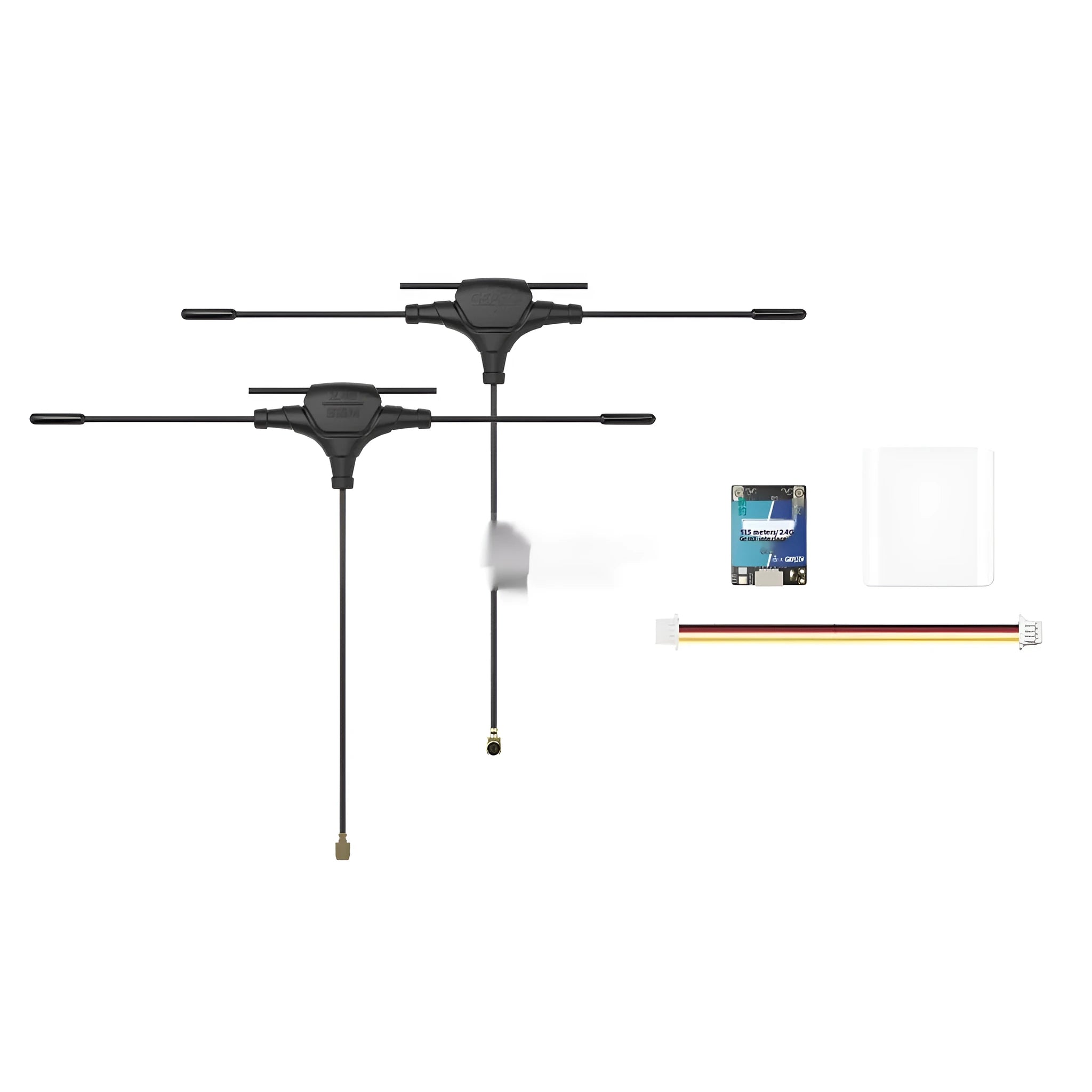 ELRS 915MHz and 2.4GHz dual-band FPV drone receiver with two T-shaped antennas and installation accessories.