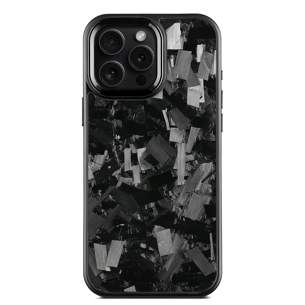 Metal frame forged pattern carbon fibre iPhone 17 protective case with magnetic attachment in black frame blue gold colour