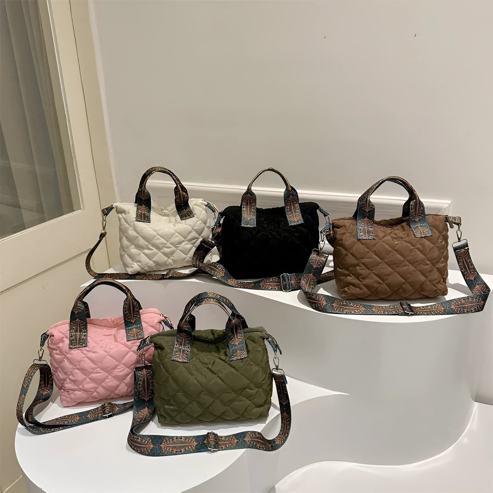 Horizontal square Oxford cloth messenger bag with single shoulder strap and embroidery details