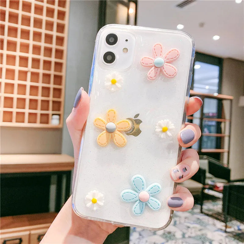 Soft rubber girl heart phone case with New Year's flowers design, compatible with various iPhone models