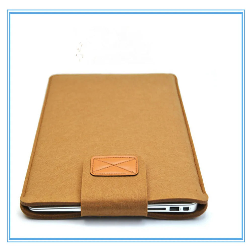 Felt laptop bag in khaki colour showing clamshell design with woven texture exterior