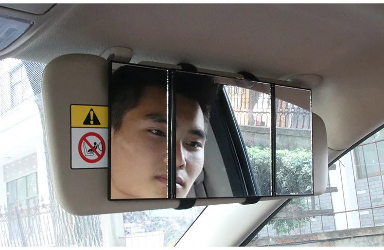 Silver car visor folding makeup mirror showing opened and closed positions