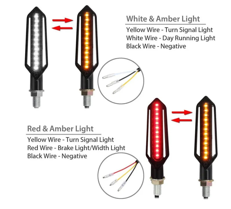 Set of four motorcycle turn signal lights with word streamer mode, 10mm bolt mount, blister card packaging