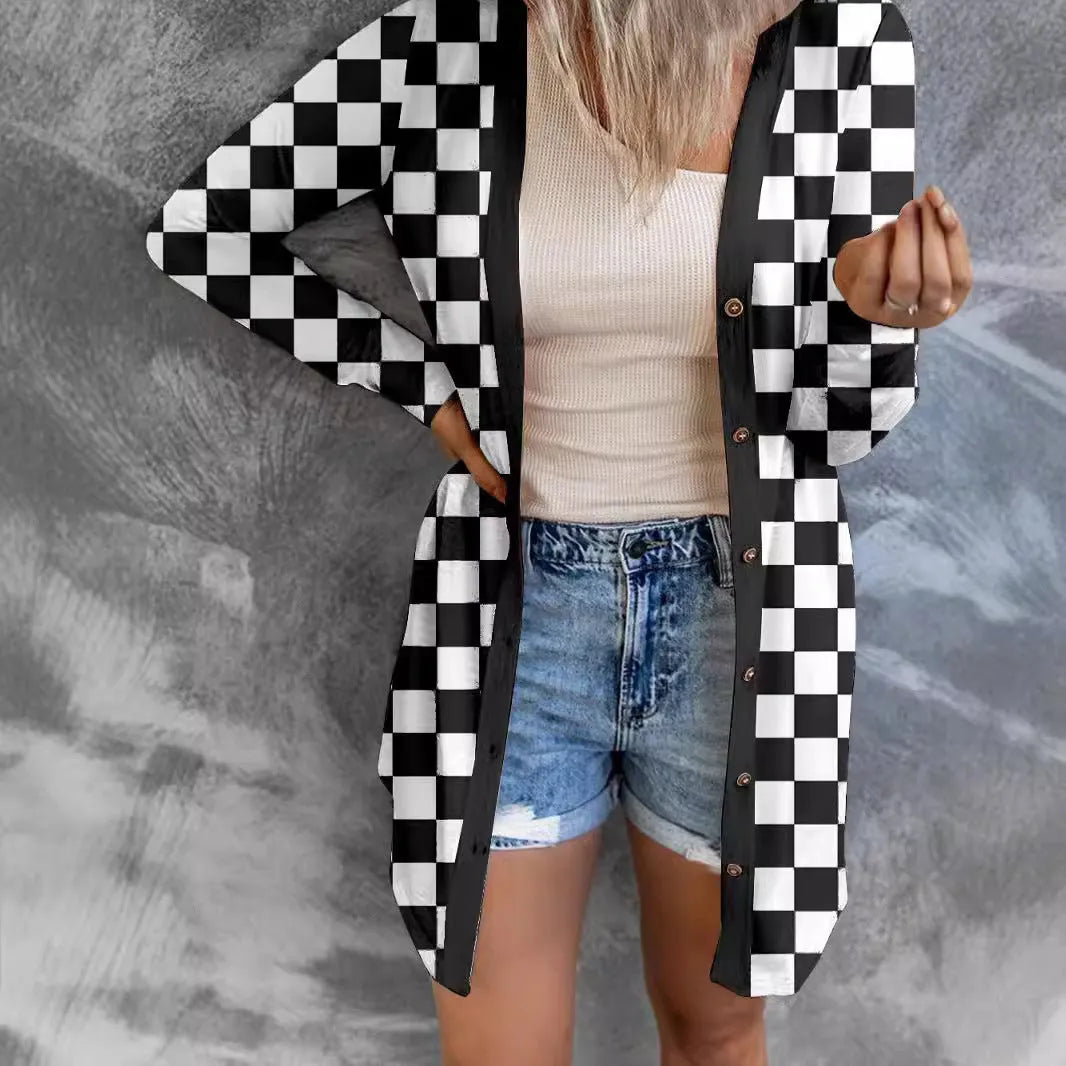 Women's long plaid knitted cardigan coat in polyester with contrast colour pattern
