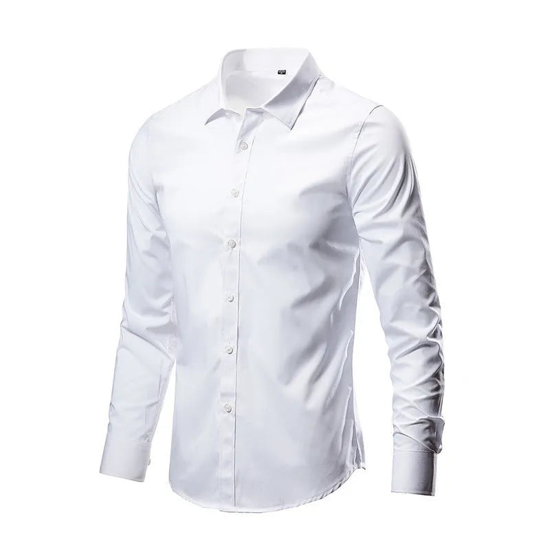 Men's loose-fit long-sleeve linen shirt in a slim style, shown in a neutral colour.