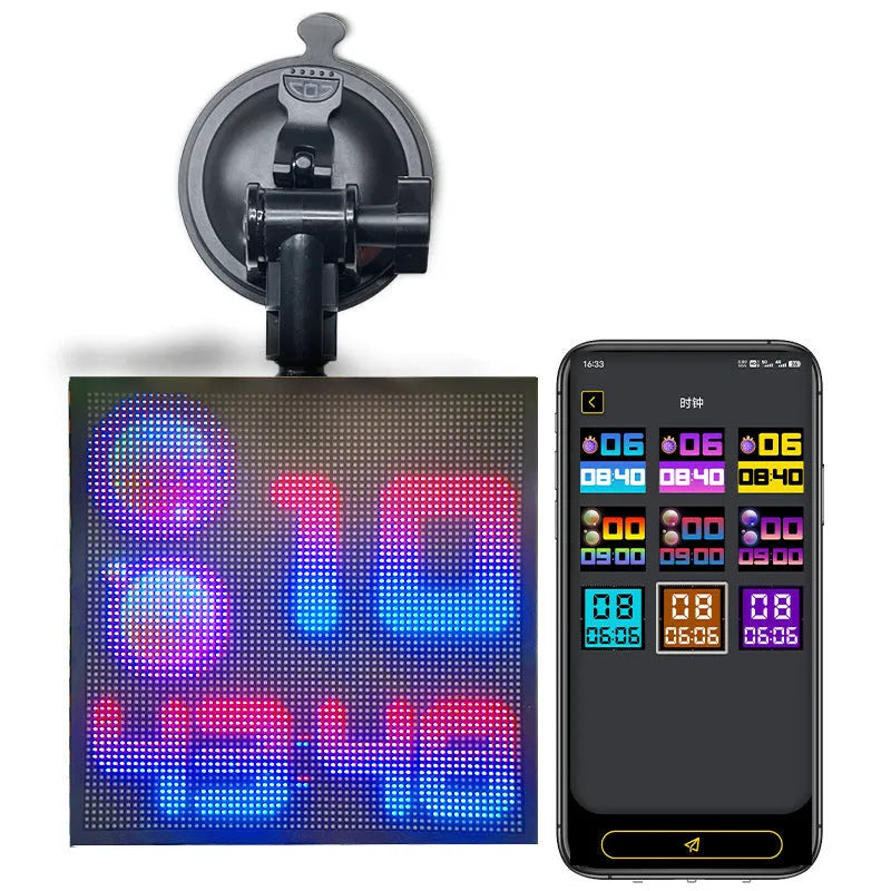 32x32 Bluetooth wireless LED car display screen with aluminium frame on a car window