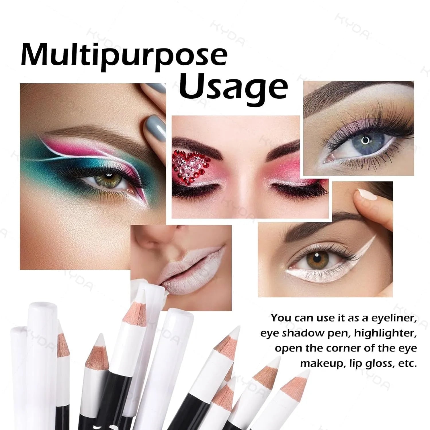 12 piece white and black retractable eyeliner pencil set with sharpener, waterproof and long-lasting