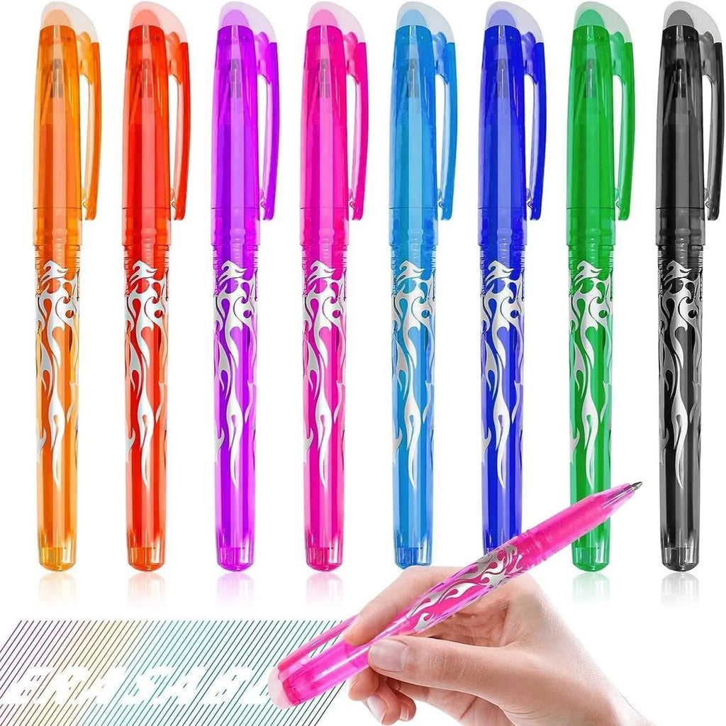 Set of hot erasable gel pens in multiple colours with plastic shells and choice of 0.5mm or 0.7mm stainless steel nibs.