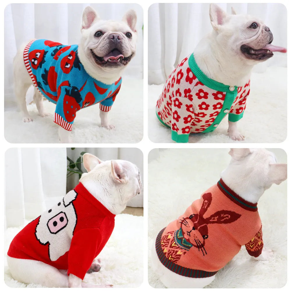 Wool dog sweater with button cardigan design in cartoon pattern for small to large dogs