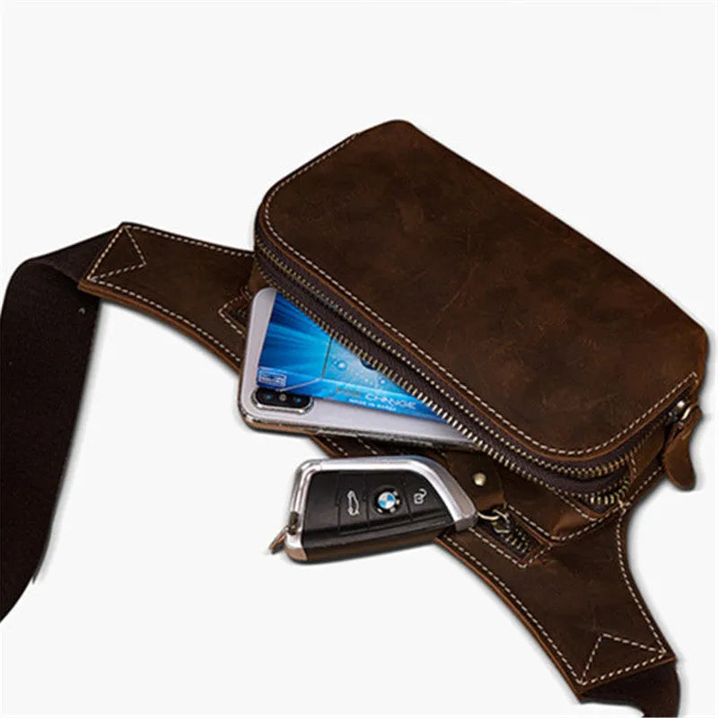 Brown top layer cowhide leather men's sports waist bag with pull closure.