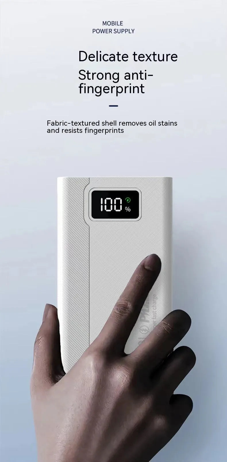 Black and white large capacity fast charging power bank with dimensions 150x76mm