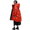 Women's polished black ultra-thin down jacket 100cm mid-length loose fit coat white duck down filling