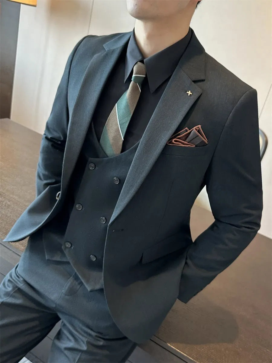 Men's slim fit business formal jacket in dark green, brown, and camel colour options