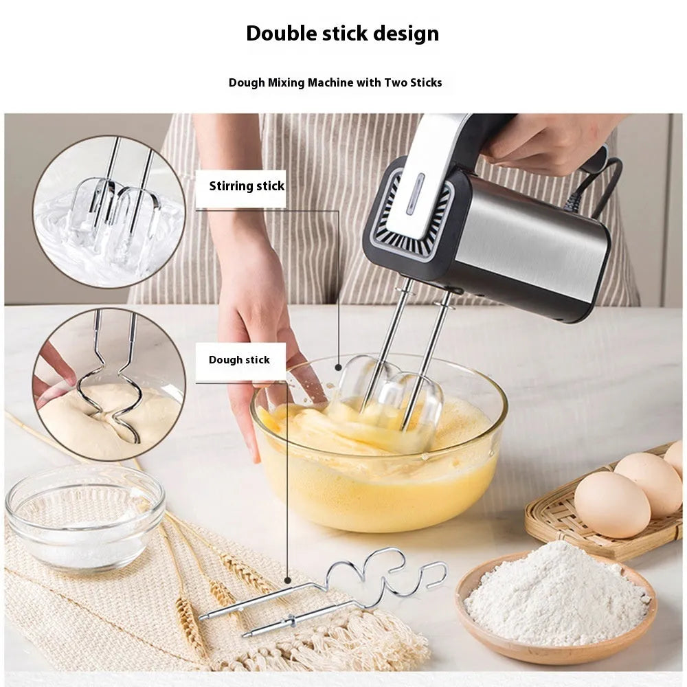 Silver household multifunctional mini electric whisk with plastic body and stainless steel attachments on a neutral background