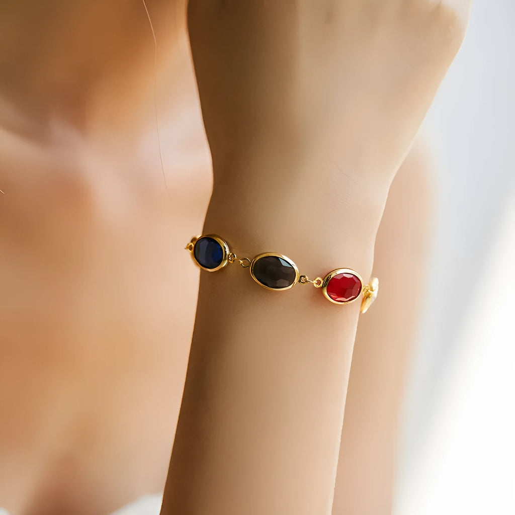 Copper inlay glass geometry bracelet with ellipse motif in blue green multicolor for women fashion OL style