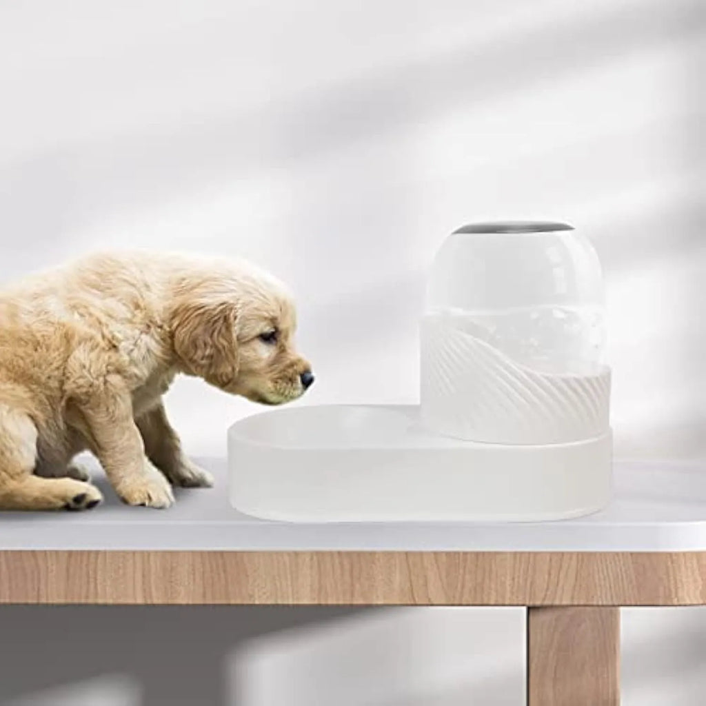 White automatic cat feeder and water dispenser set with wave-patterned shell.