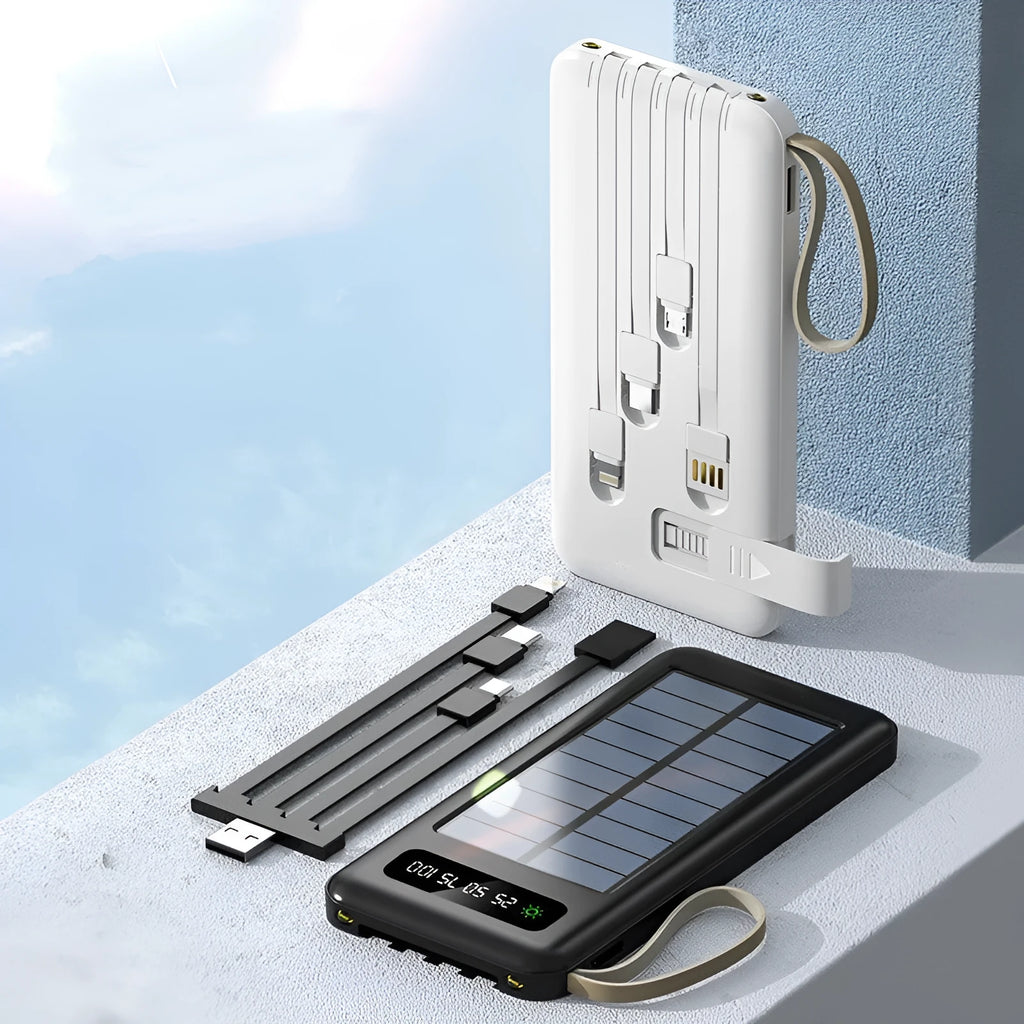 Solar power bank in black or white showing solar panel and compact rectangular design with capacity options