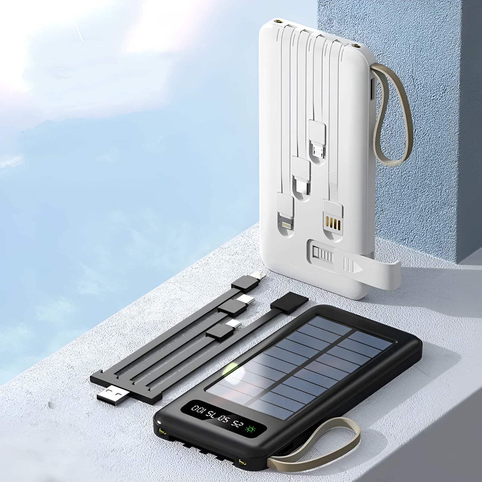 Solar power bank in black or white showing solar panel and compact rectangular design with capacity options