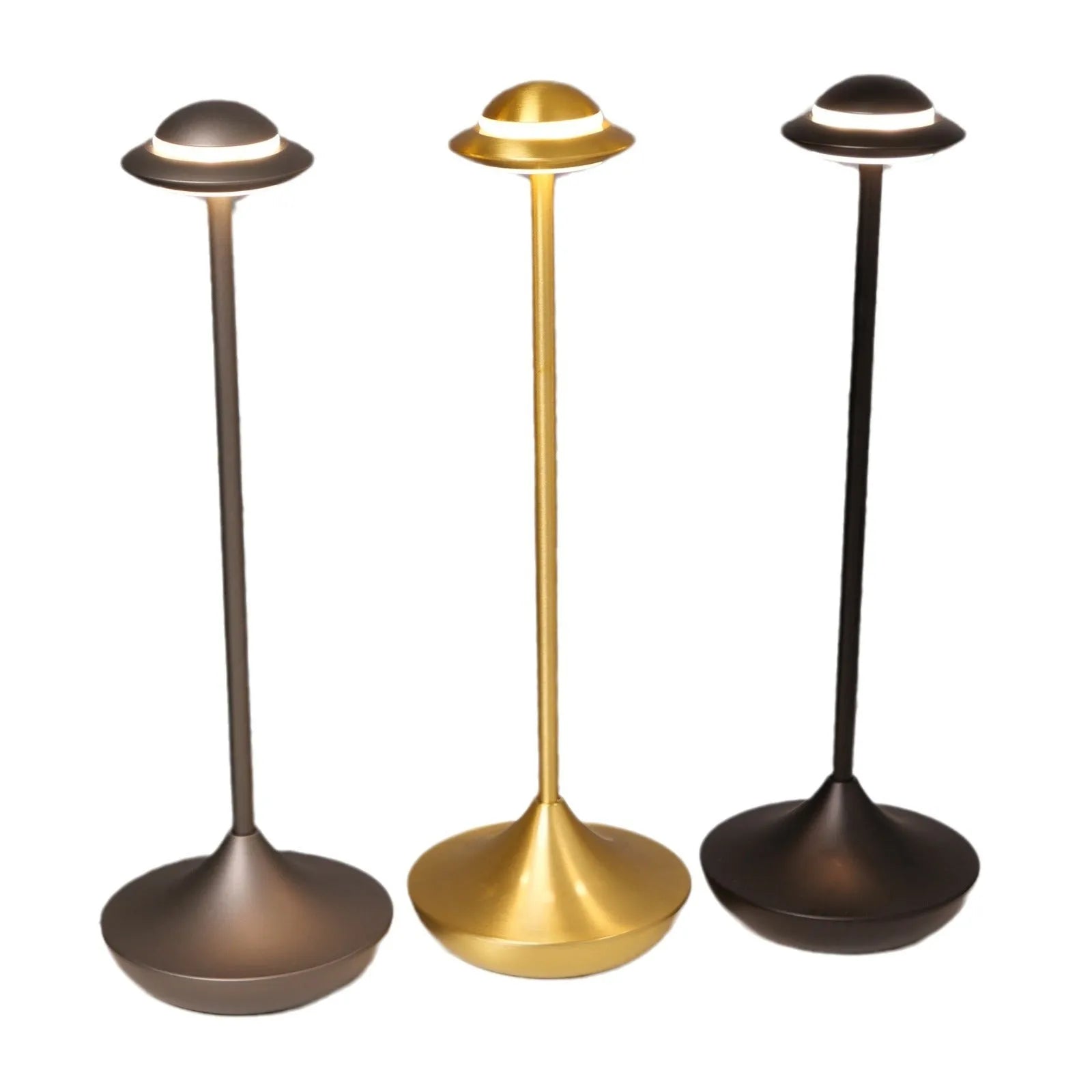Modern black UFO-shaped rechargeable table lamp with touch-sensitive dimming controls on a wooden desk.