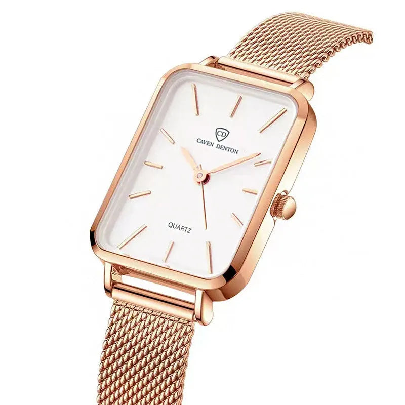 Women's waterproof quartz watch in rose gold or silver with woven steel strap and 34mm alloy case