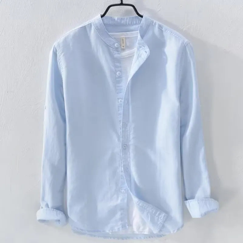 Men's loose fit long sleeve linen cotton shirt in solid colours: dark blue, light blue, khaki, grey, white