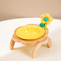 Flower shaped ceramic cat food bowl with wood stand in multi colour, 200ml capacity, 14.7cm diameter