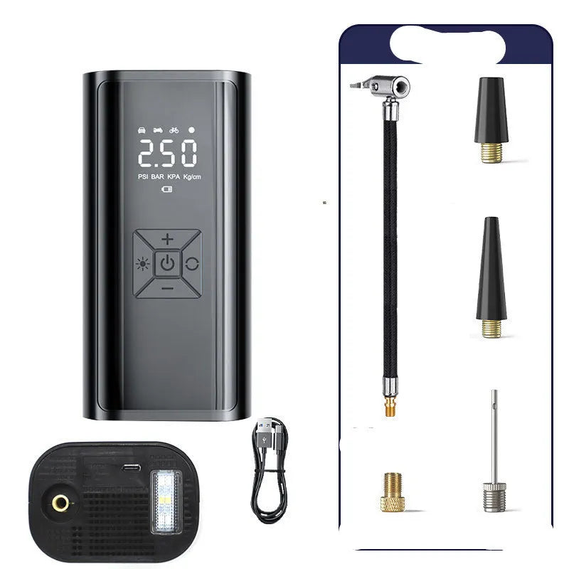 Portable car wireless digital display electric tyre pump with LED light and pressure gauge on a dark background