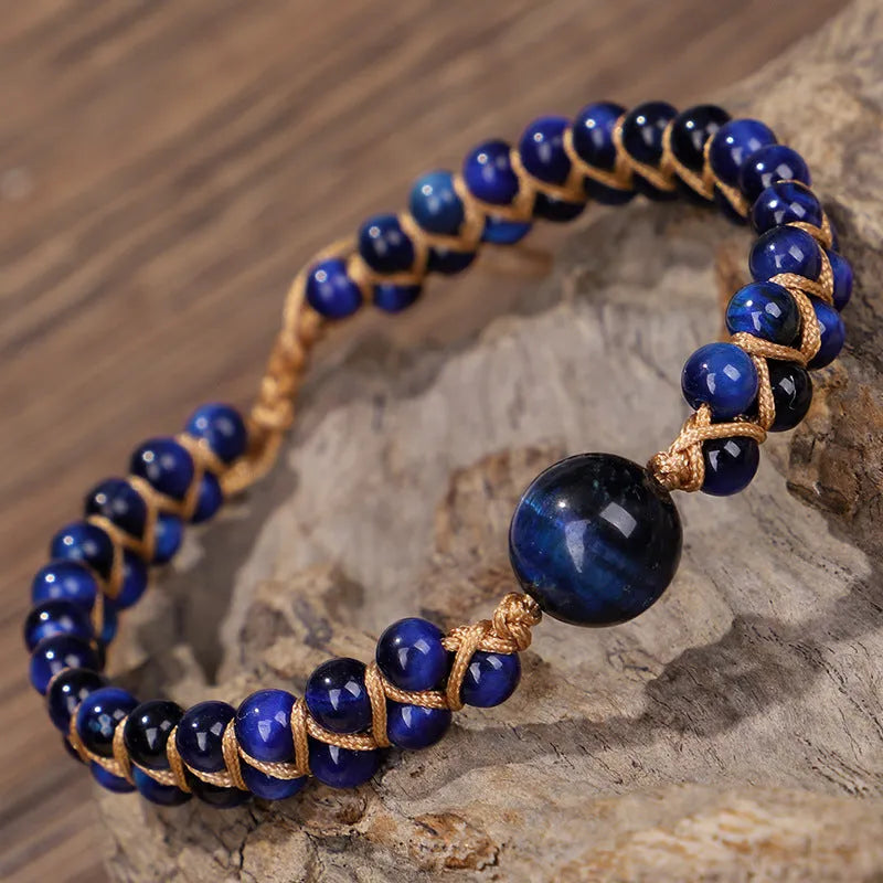 Handmade woven geometric bracelet with adjustable sliding knot and natural stone option
