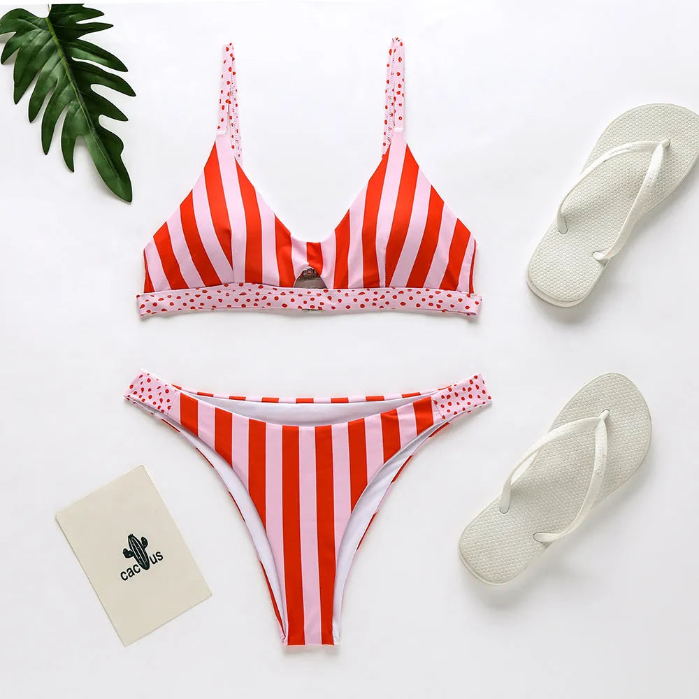Women's polyester bikini swimsuit in black and white dots or red and white stripes design.