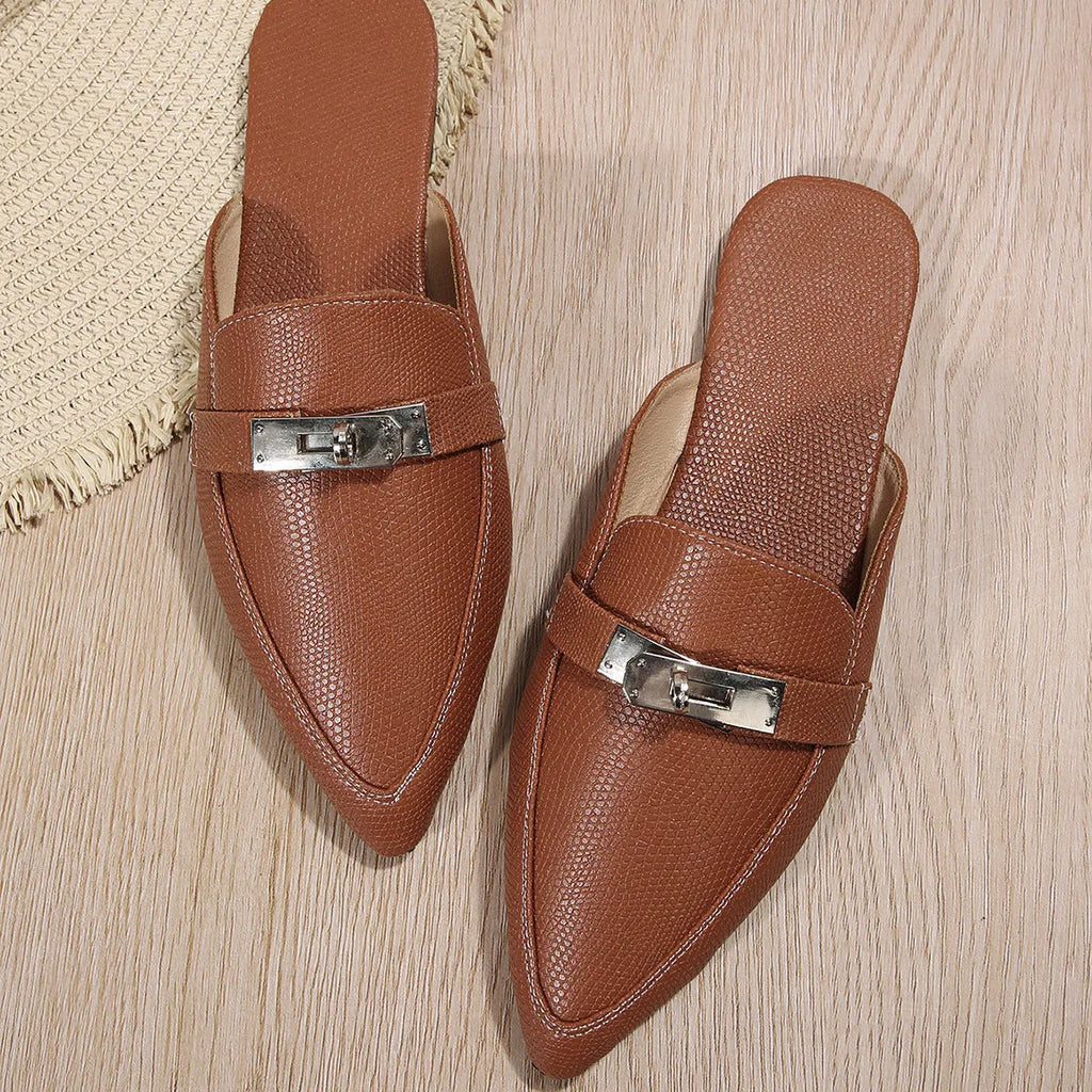 Women's pointed-toe low heel semi-slippers in light brown with PU upper and rubber sole