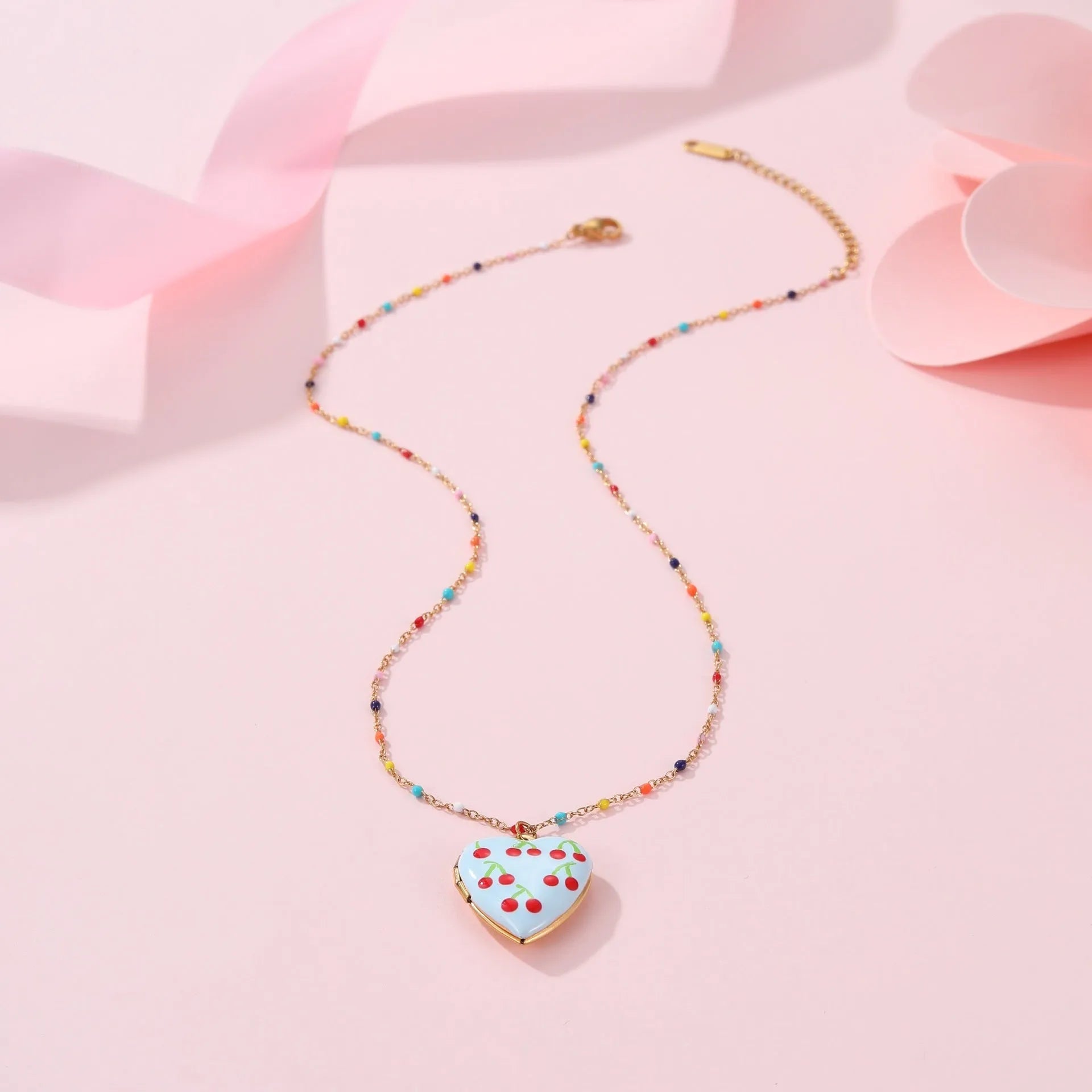 Women's gold plated stainless steel heart necklace with fruit pendant designs