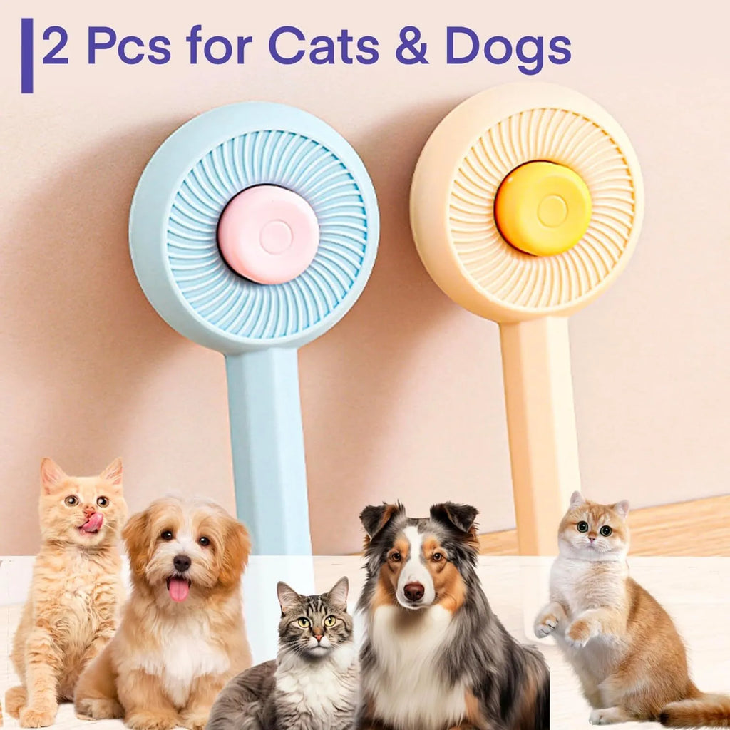 Blue pet grooming brush with angled metal bristles and self-cleaning button for cats and dogs