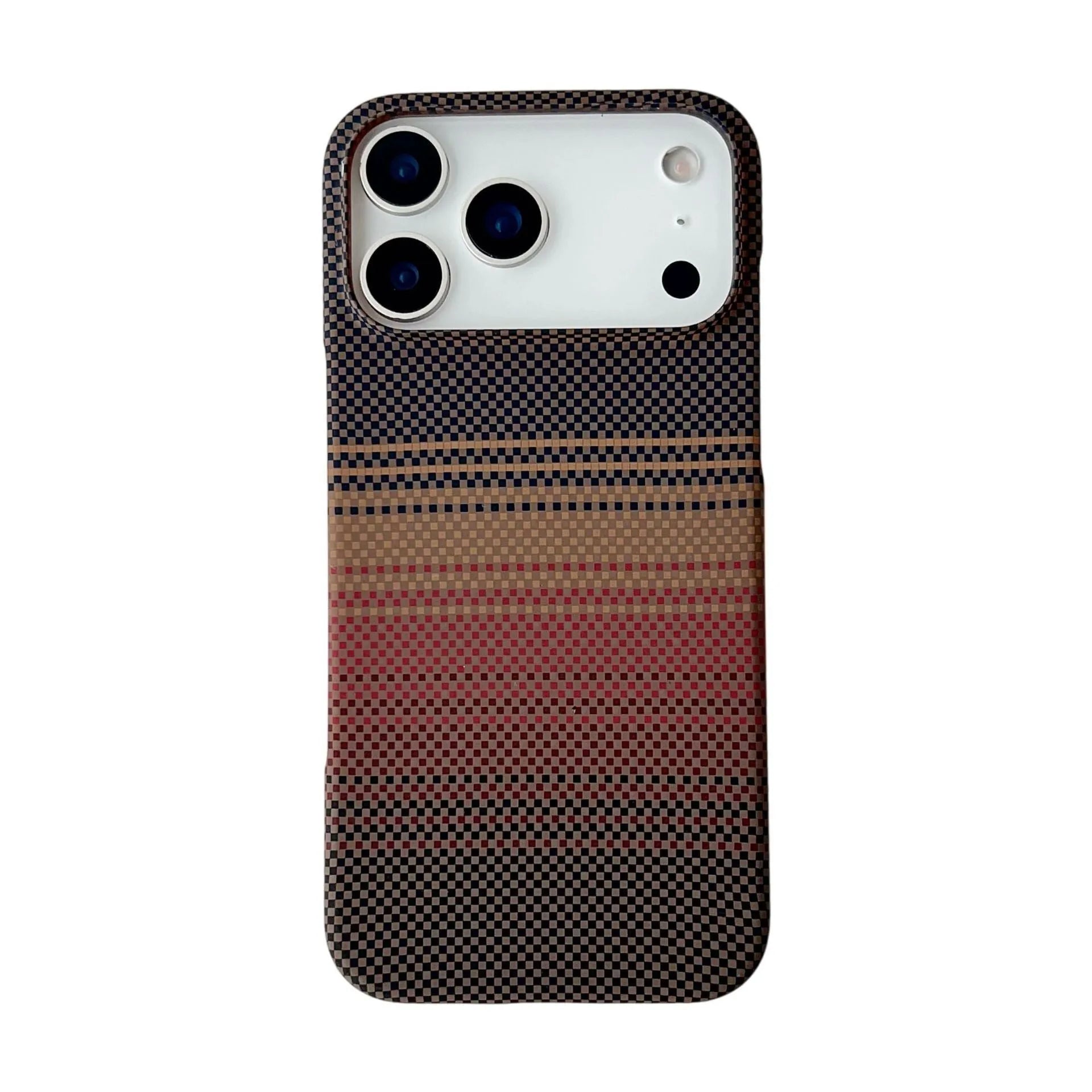 Carbon fiber kevlar magnetic gradient phone case for iPhone 17 Pro Max with plaid pattern in Sunset Gold.
