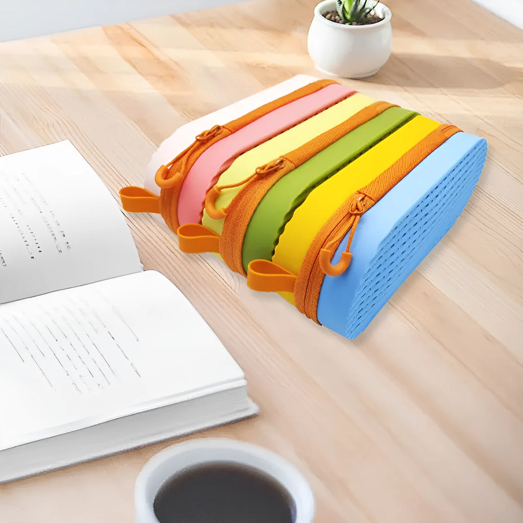 A slim, modern silicone glasses case in rose red light purple colour, showing its long hand shape and compact 200x80x50mm dimensions.