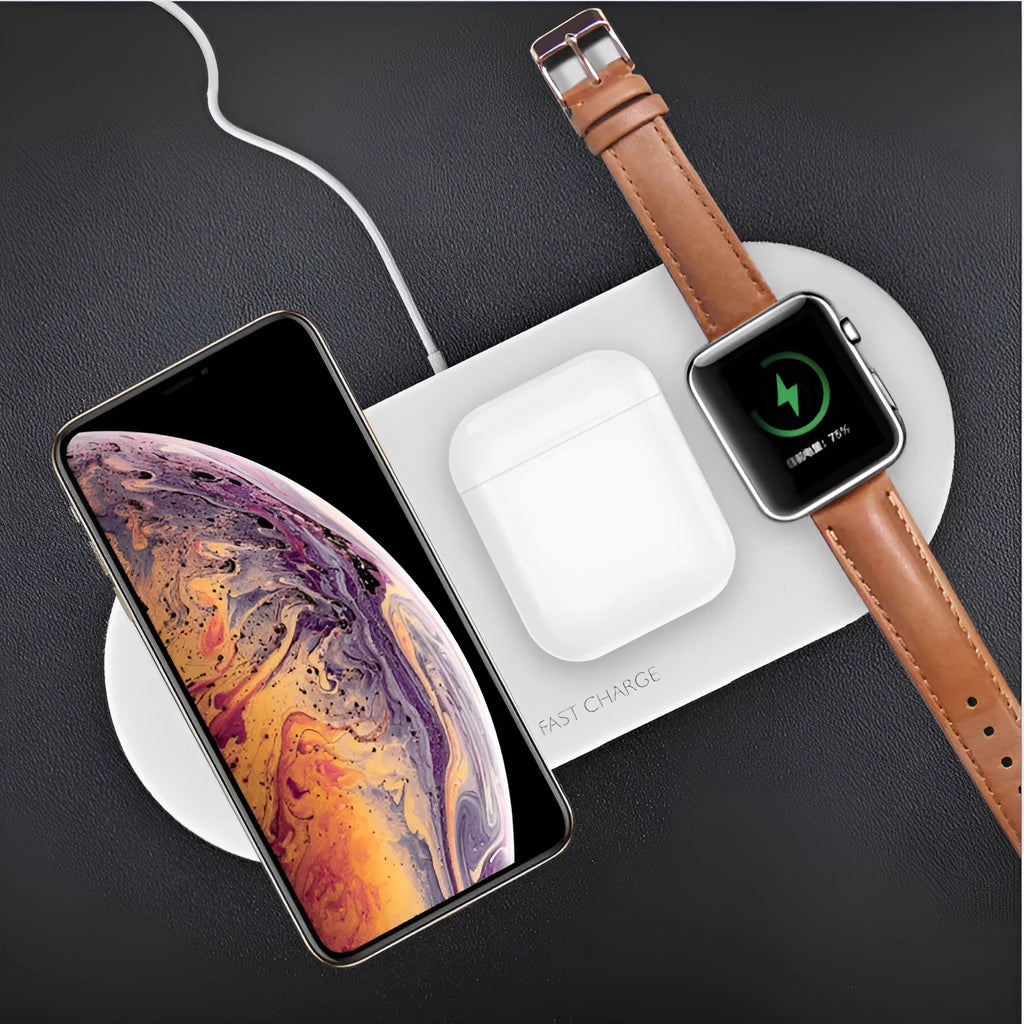 Black and white 3-in-1 wireless charging station for Apple Watch, iPhone and compatible earbuds on a desk.