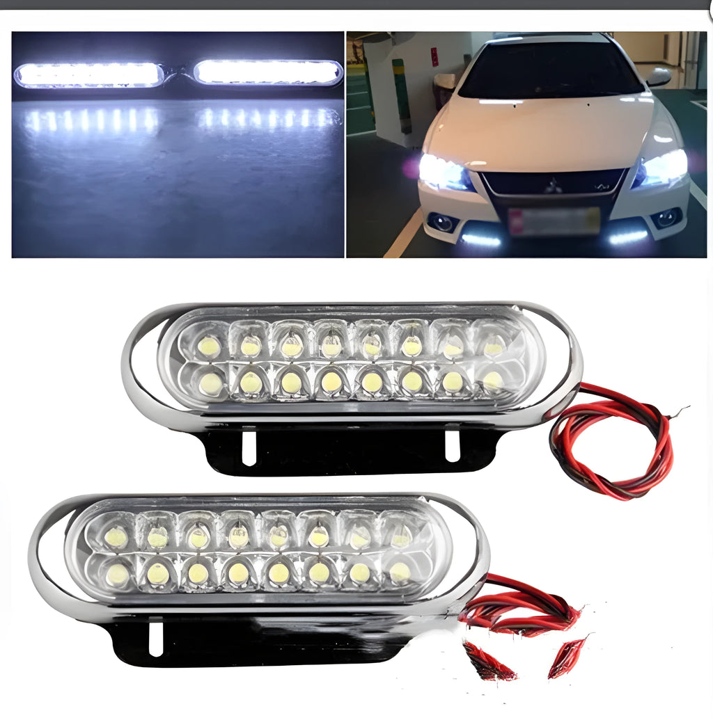 Two white car LED auxiliary lights with iron brackets and screws on a dark background