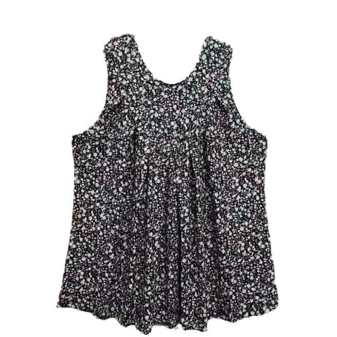 Black plus size floral print sleeveless vest with round neck on a hanger.
